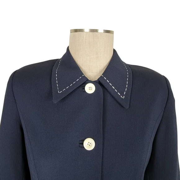 Kasper ASL Skirt Suit 6 Navy White Thick Stitch Flap Pockets Ribbed Long Sleeve - Picture 3 of 8